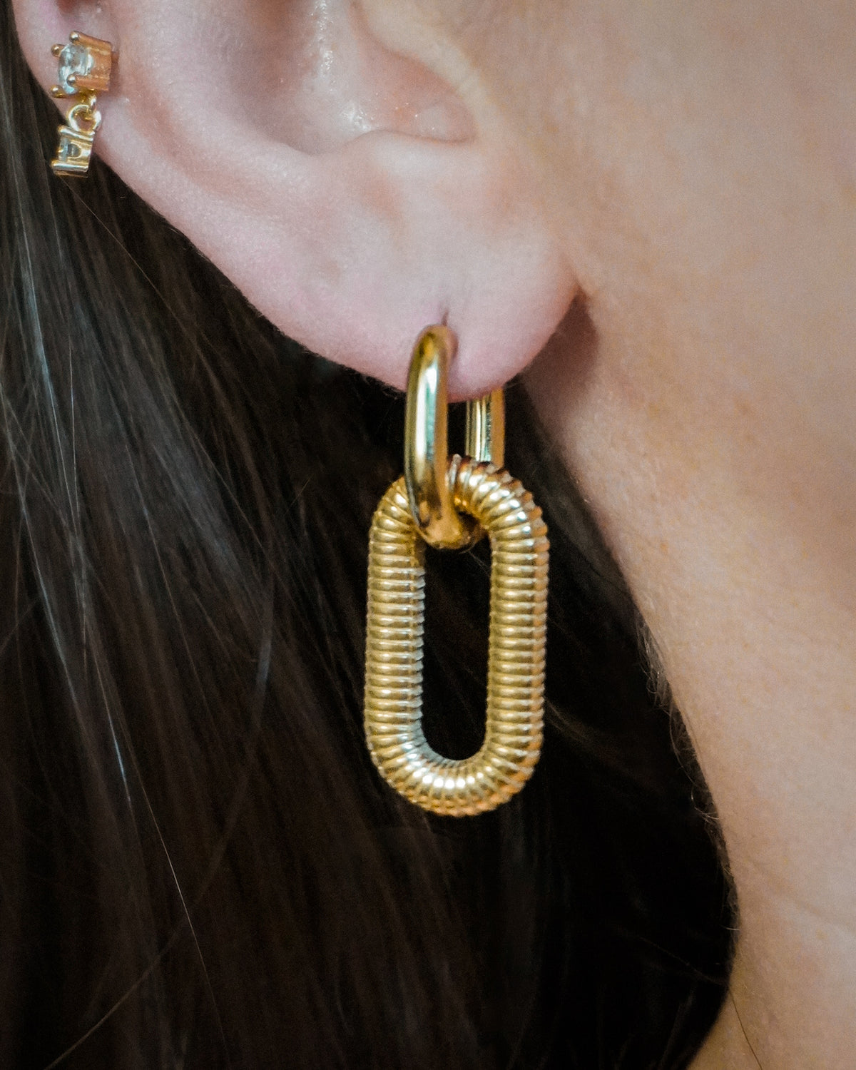 Gold Textured Stainless Steel Oval Hoops