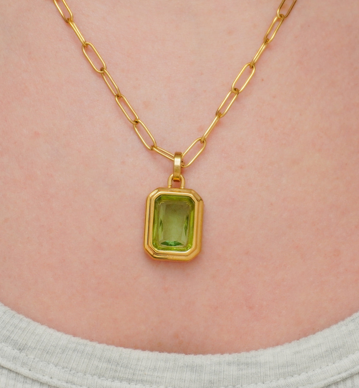 Large Green Zircon Pendant Stainless Steel Necklace