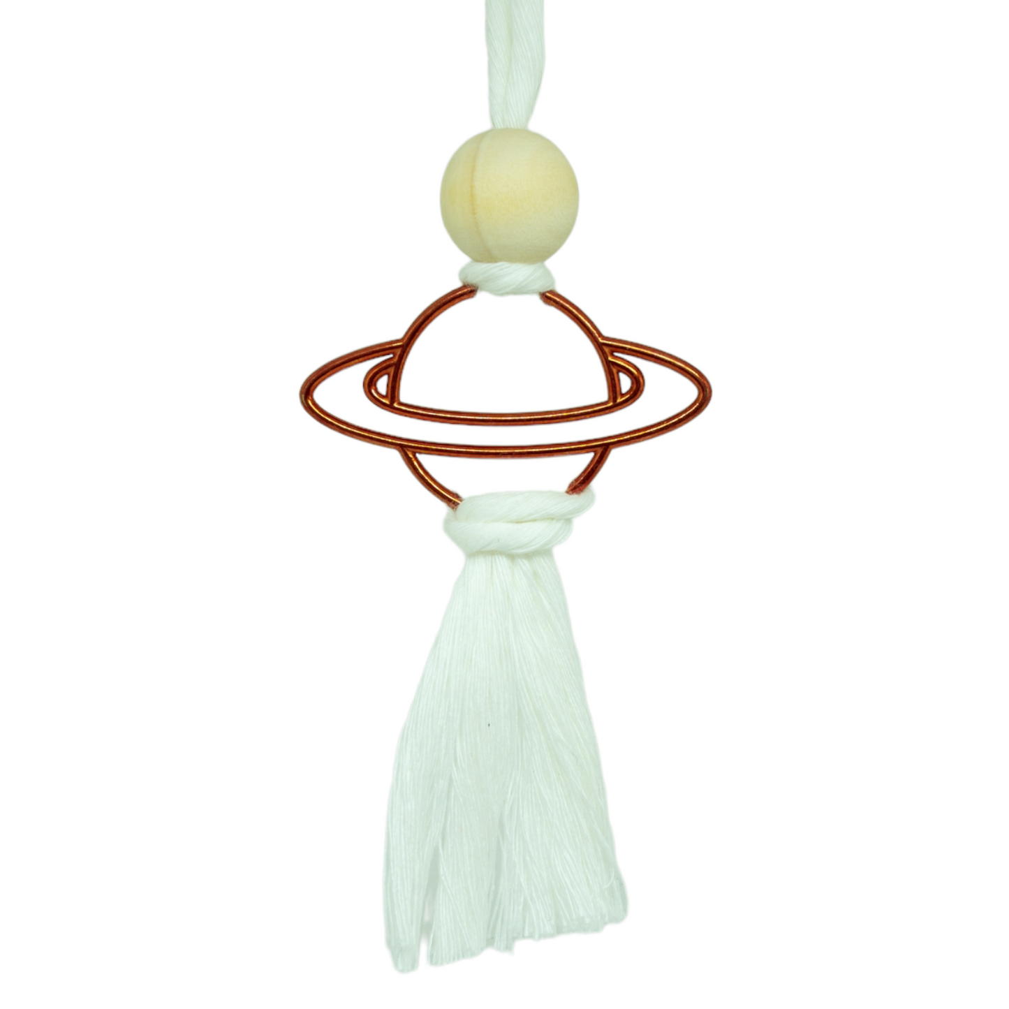 white and copper metal saturn macrame car diffuser