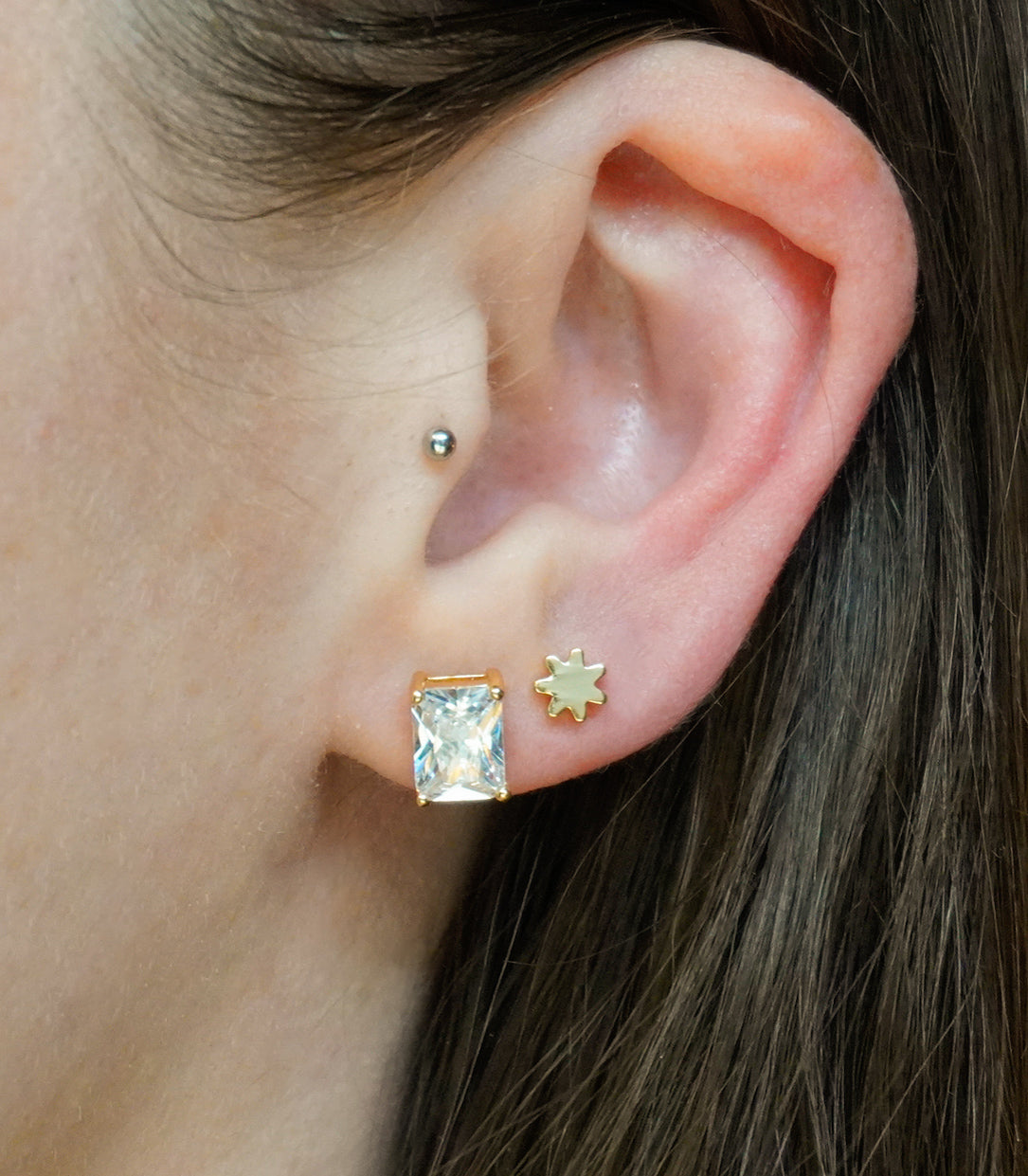 Gold Plated Cubic Zirconia Rectangle Large Studs