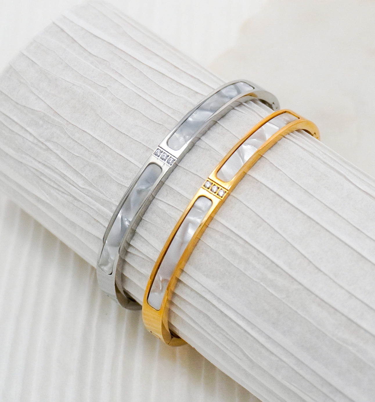 Cubic & Shell Stainless Steel Bangle Bracelet