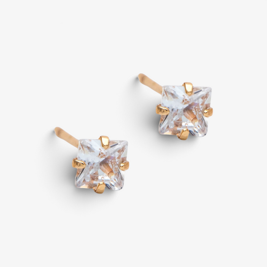 Square Cubic Zirconia Gold Studs