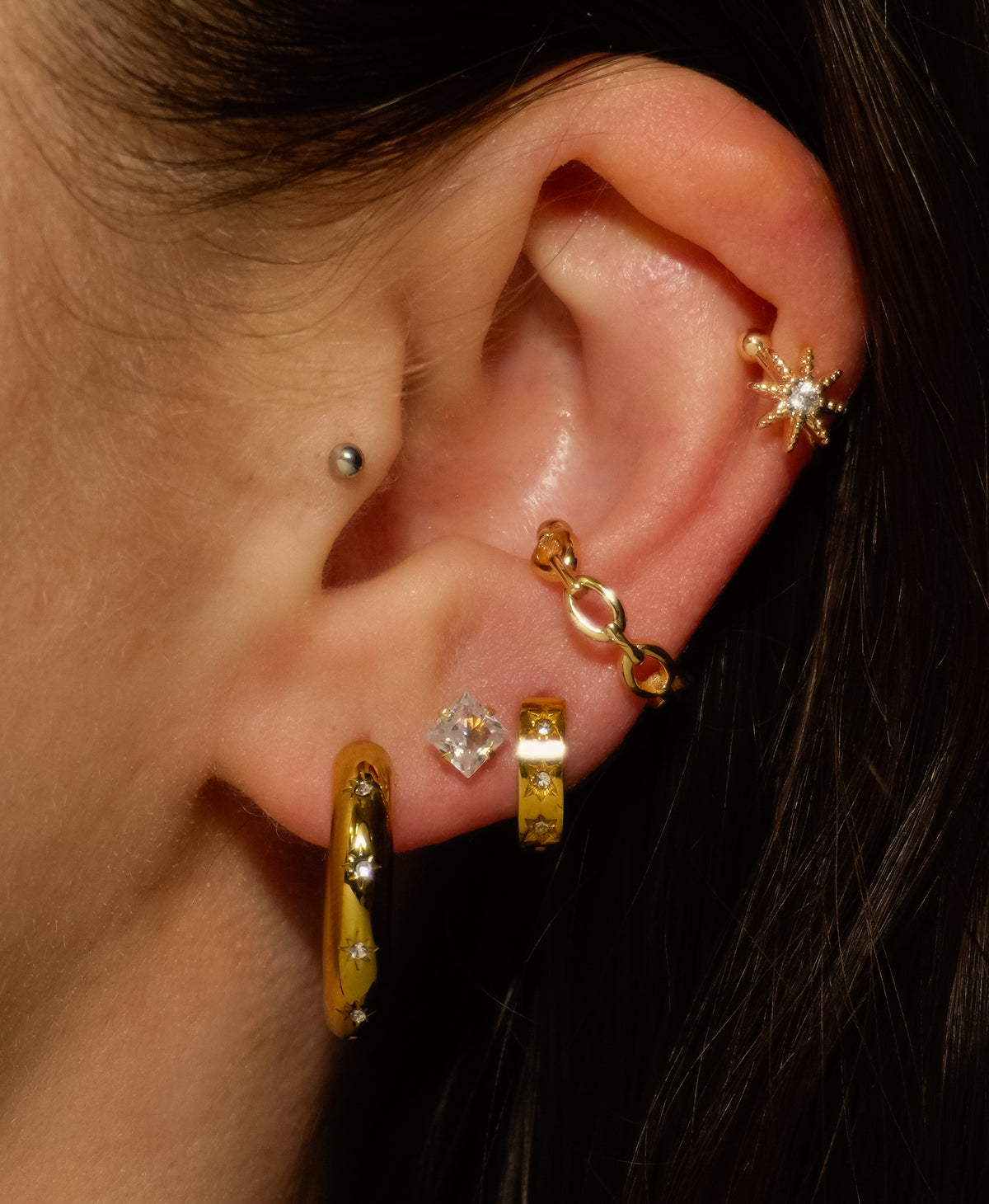 Engraved Star Stainless Steel Hoops