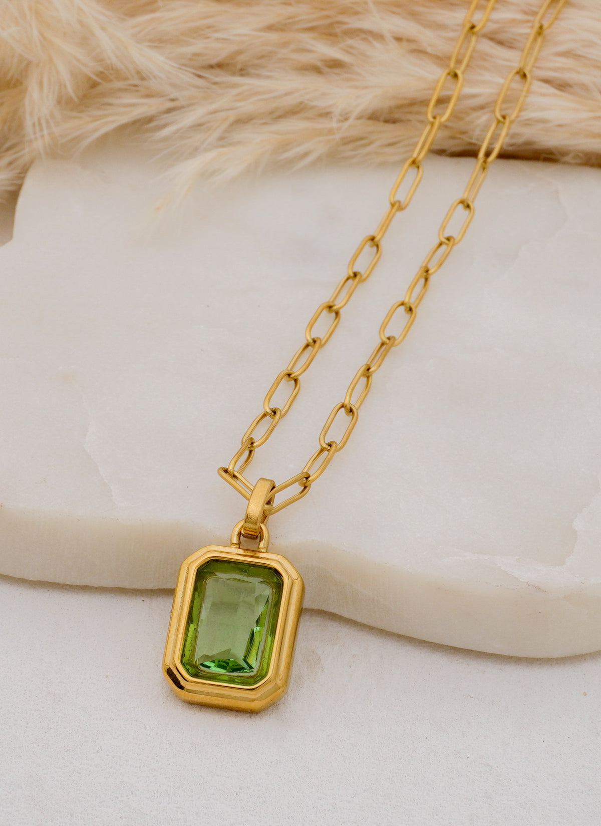 Large Green Zircon Pendant Stainless Steel Necklace