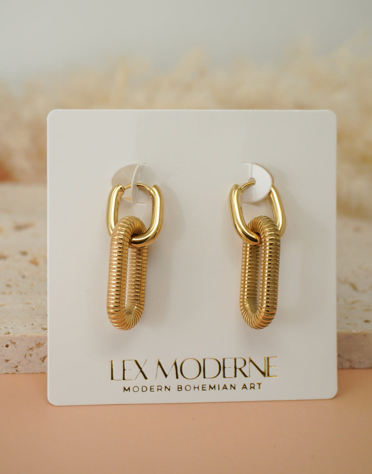 Gold Textured Stainless Steel Oval Hoops