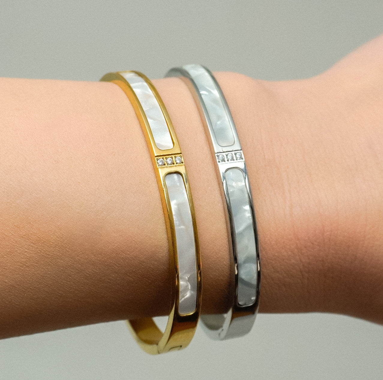 Cubic & Shell Stainless Steel Bangle Bracelet