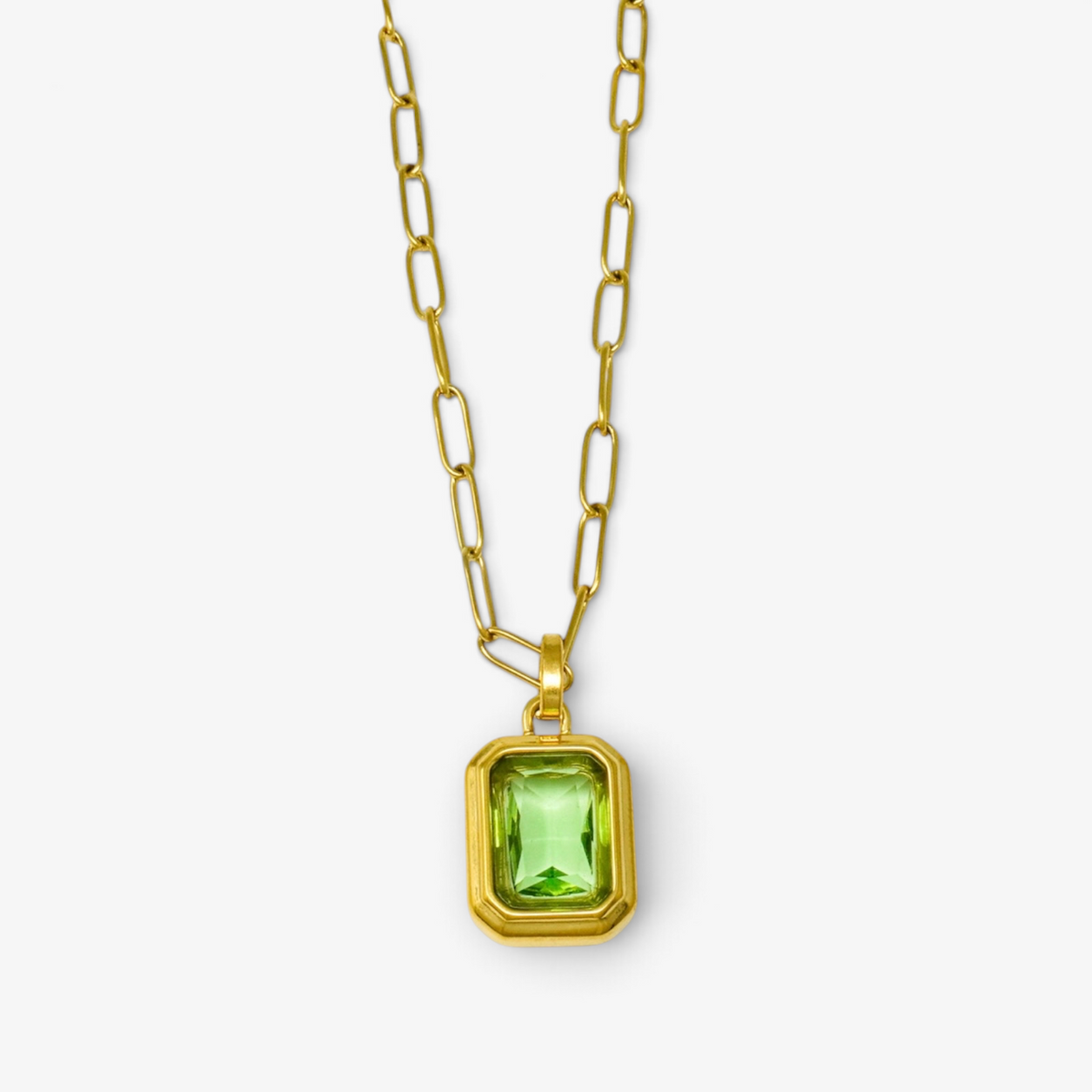 Large Green Zircon Pendant Stainless Steel Necklace