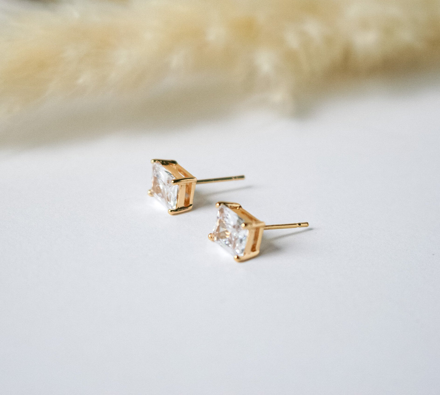 Gold Plated Cubic Zirconia Rectangle Large Studs