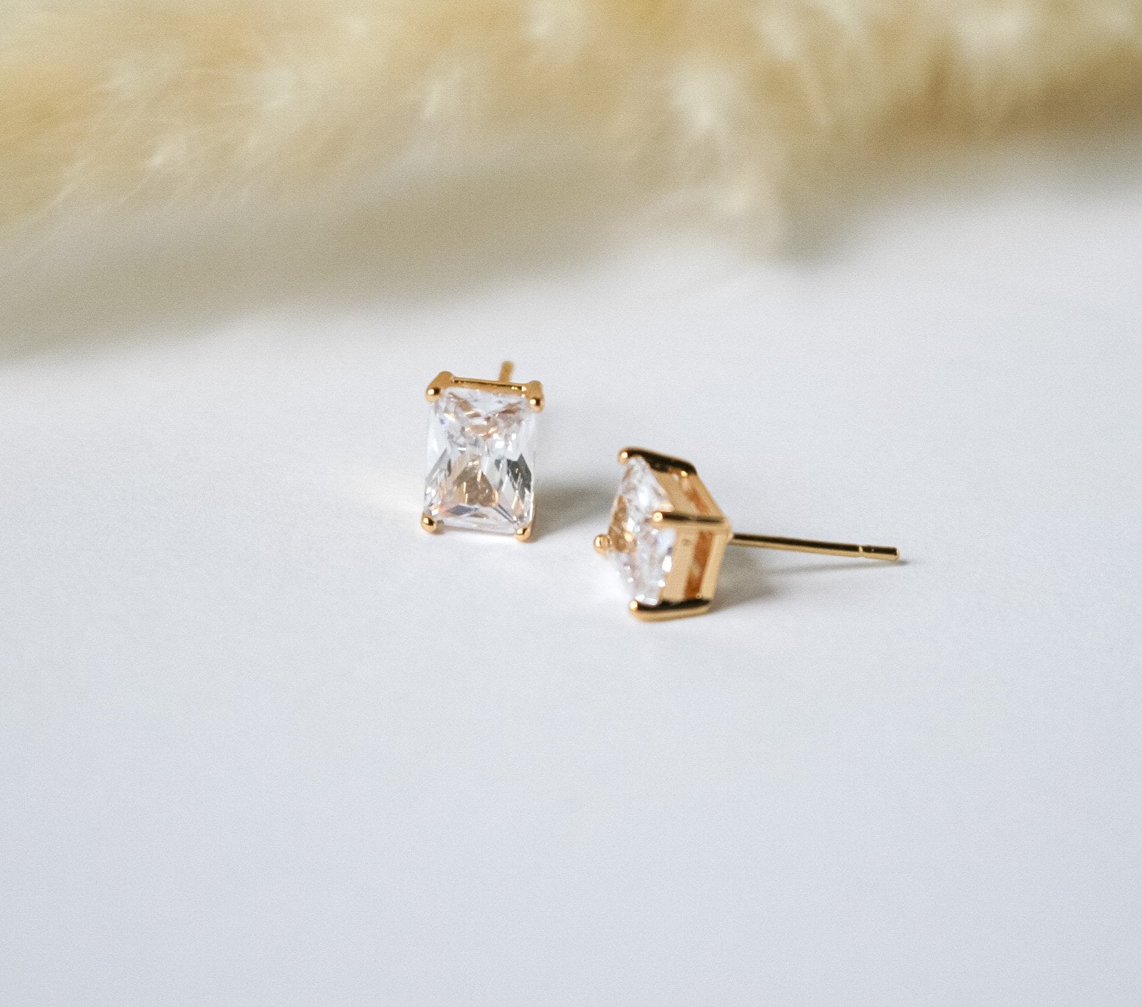 Gold Plated Cubic Zirconia Rectangle Large Studs